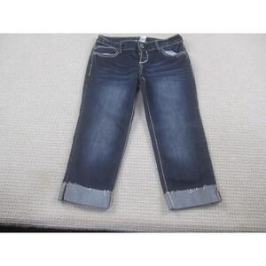 Maurices Jeans Womens 3/4 Dark Wash Blue Capri Cropped Raw Hem Stretch Mid Rise